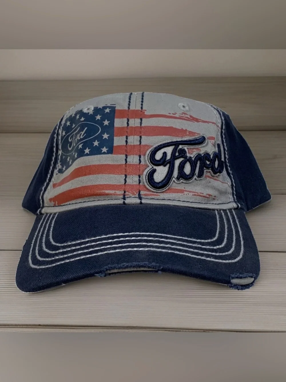 NWT Ford Navy & Gray American Flag Distressed Embroidered Script Patch